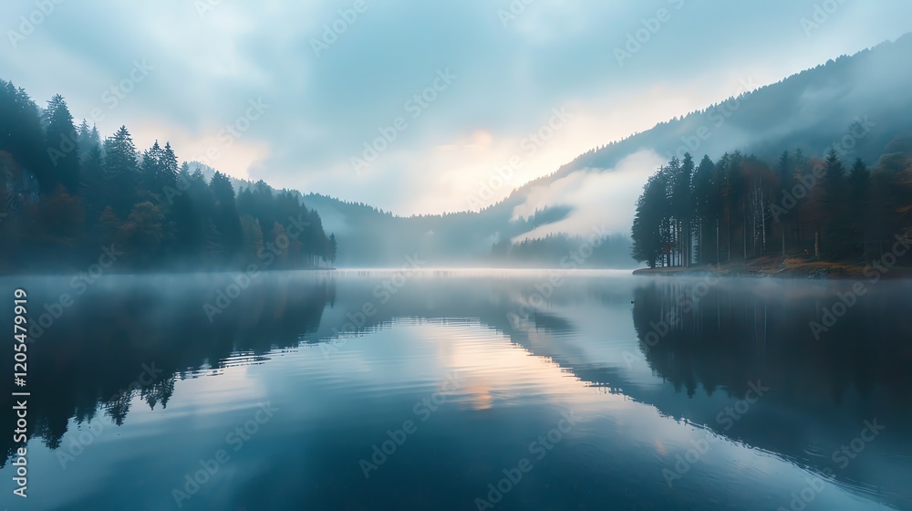A serene lake with mist rising from the water and mountains in the background at sunrise. A serene lake with mist rising from the water and mountains in the background at sunrise.