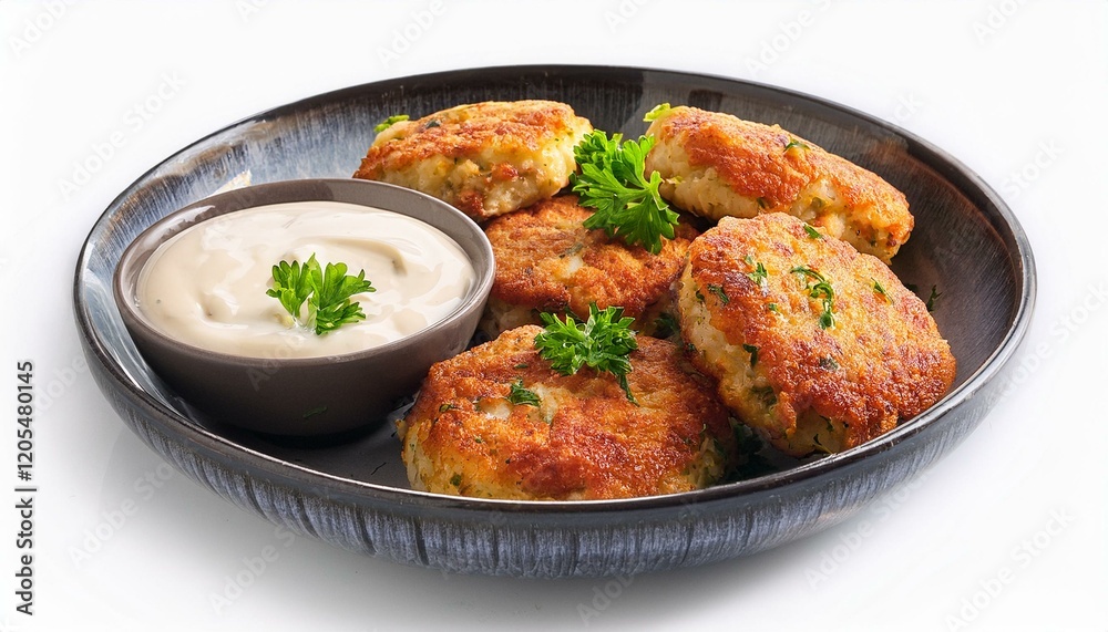 Crispy crab cakes served with cream sauce on white background Crispy crab cakes served with cream sauce on white background