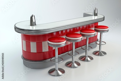 Retro diner bar with red and white decor featuring five sleek chrome stools and shiny finishes in a bright setting