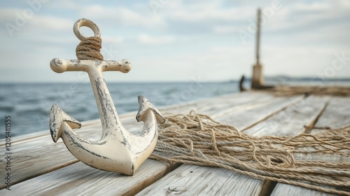 A close-up of a weathered white anchor resting on a wooden dock, with a background of calm water and distant figures