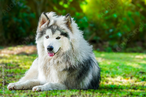 A majestic Alaskan Malamute rests gracefully on a lush green lawn, its fluffy white and gray coat glowing softly under the sunlight in a serene setting.