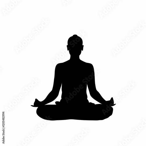 A person is sitting cross legged in a lotus position. The person is wearing a black shirt and black pants