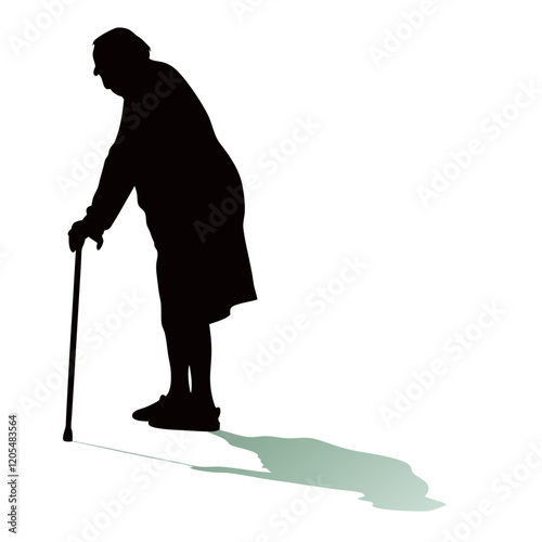 A man in a black jacket and pants is holding a cane. He is standing in front of a white background