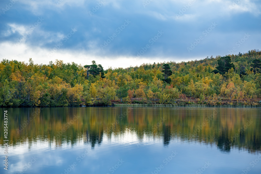 Sunrise lake in autumn. Abisko national park in north of Sweden. Sunrise lake in autumn. Abisko national park in north of Sweden.