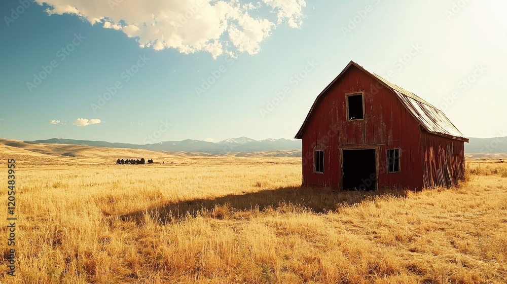 Rustic red barn in golden field under clear blue sky with mountains in distance and soft clouds in the background Rustic red barn in golden field under clear blue sky with mountains in distance and soft clouds in the background