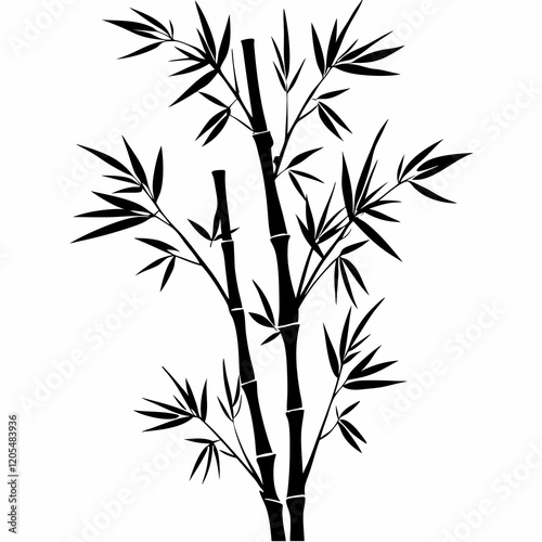 A bamboo tree with two branches. The tree is black and white. The branches are thin and long