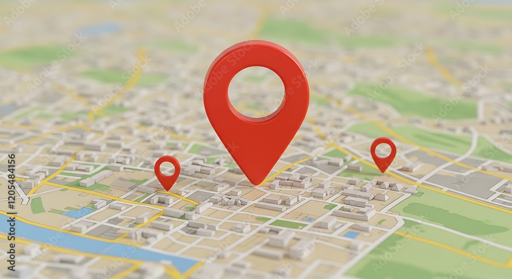 3D red location pin marking a specific location on the city map
3D red location pin marking a specific location on the city map