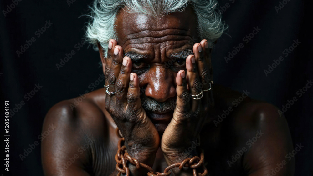 close-up portrait of an Afro-American dark-skinned elderly old grey haired man covering his face with his palms, large rusty iron chains wrapped around his hands, on a black background close-up portrait of an Afro-American dark-skinned elderly old grey haired man covering his face with his palms, large rusty iron chains wrapped around his hands, on a black background