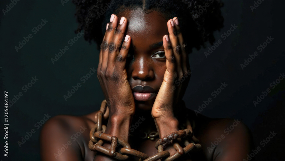 close-up portrait of an Afro-American dark-skinned woman covering her face with her palms, large rusty iron chains wrapped around her hands, on a black background