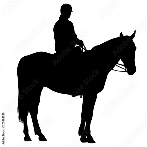 A man is riding a horse. The horse is black. The man is wearing a helmet. The horse is standing on a white background