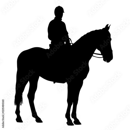 A man is riding a horse. The horse is black. The man is wearing a helmet. The horse is standing on a white background