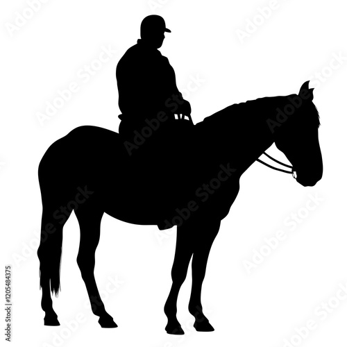 A man is riding a horse. The horse is black. The man is wearing a helmet. The horse is standing on a white background