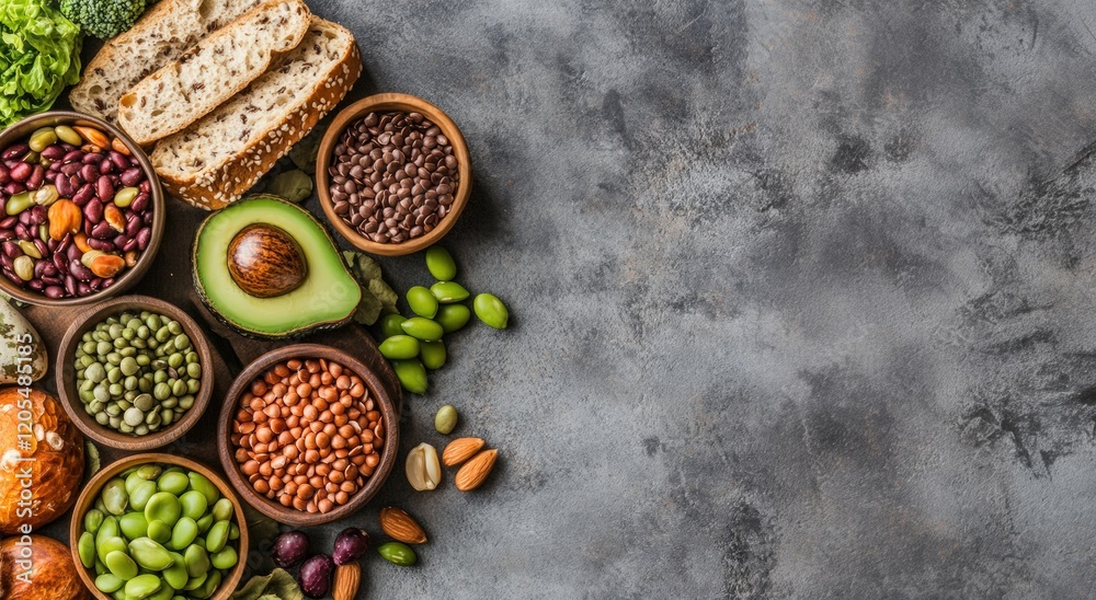 Whole-grain bread, avocado, and healthy foods on a dark background symbolise balanced nutrition and wholesome eating. Whole-grain bread, avocado, and healthy foods on a dark background symbolise balanced nutrition and wholesome eating.