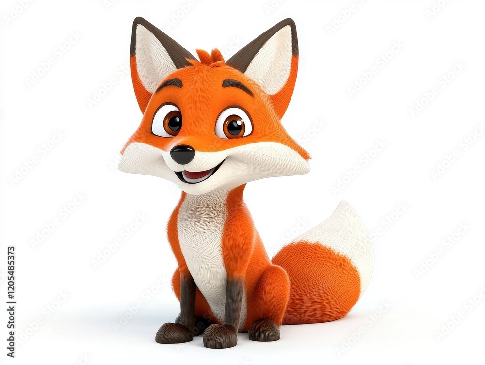 Obraz premium A cute cartoon fox with vibrant orange fur, big expressive eyes, and a playful demeanor, sitting happily against a plain background.