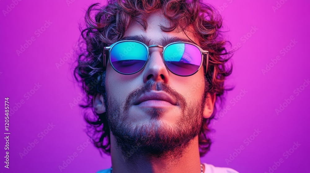 A dramatic portrait of a man with curly hair wearing stylish sunglasses against a vibrant purple background A dramatic portrait of a man with curly hair wearing stylish sunglasses against a vibrant purple background