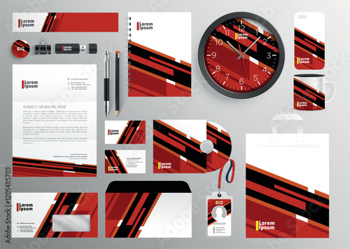 Brand Identity Mock-Up of stationery set with Red and Black abstract design. Business office stationary mockup template of File folder, annual report, Watch, brochure, corporate mug