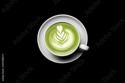 minimalist shot of matcha tea latte with perfect latte art design on black background