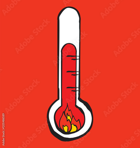 Thermometer showing increasing temperature with fire burning inside on red background