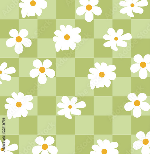 Retro style checkerboard naive daisy seamless pattern, Groovy flowers on chess,70s style hippie groovy daisy flowers