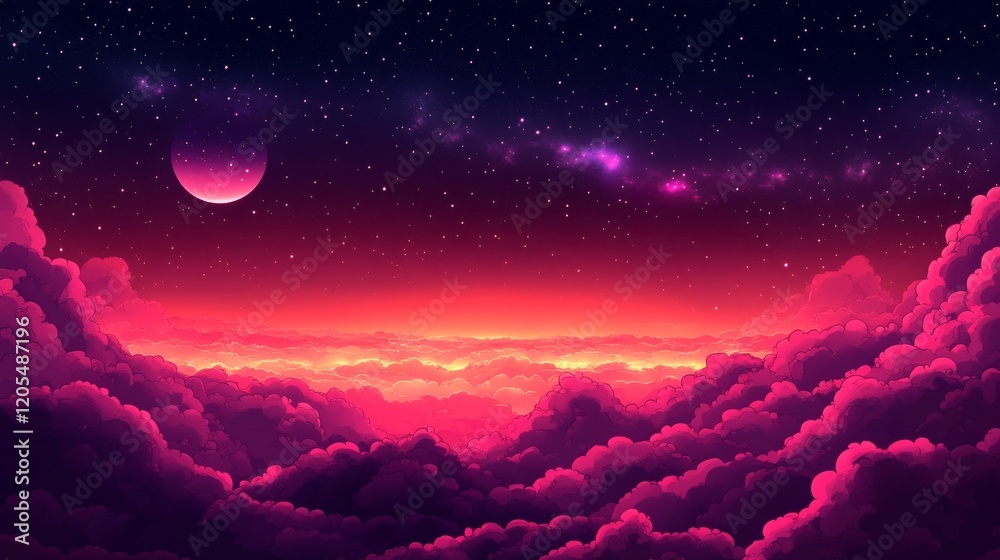 Fototapeta premium Dreamy Nightscape: Above the Clouds with a Pink Moon and Starry Sky