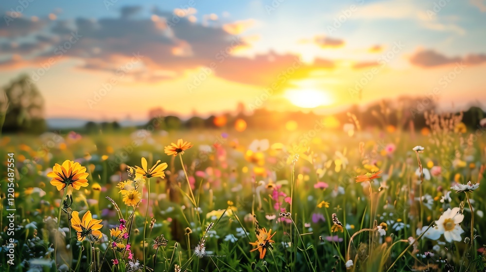 Fototapeta premium A field of wildflowers in the golden light of sunset.