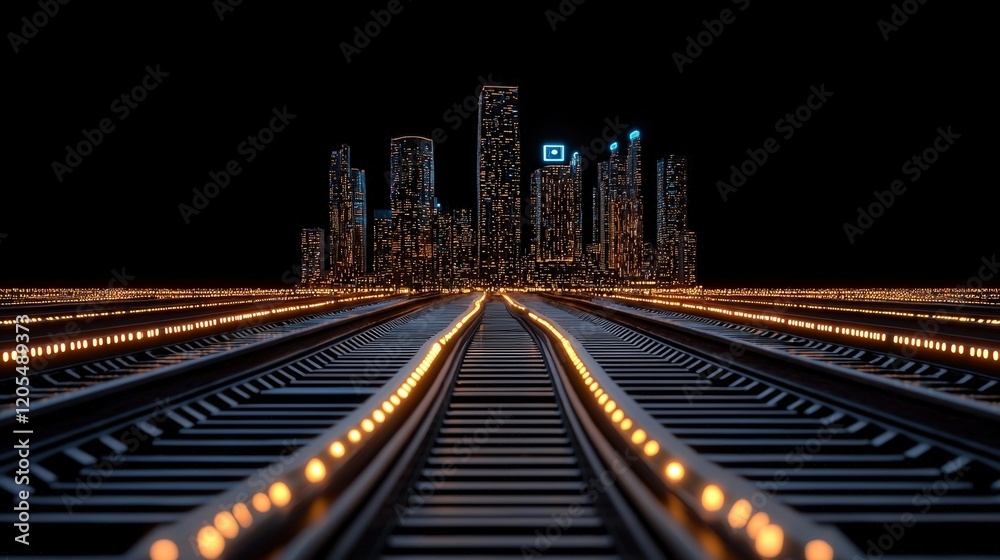 Fototapeta premium Futuristic City Skyline with Railway Tracks Leading into the Night Horizon