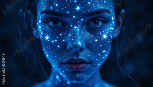 Woman with glowing blue face and sparkling patterns