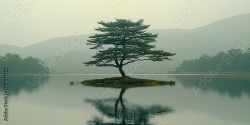 Solitary Pine on Calm Lake: A lone pine tree stands serene on a small island in a tranquil lake, its reflection mirroring perfectly in the still water, under a soft, misty sky. photo