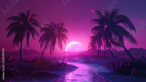 A surreal, neon sunset with palm trees on a beach.