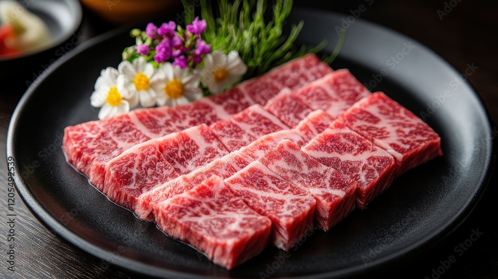 A plate of meat with a flowery border A plate of meat with a flowery border