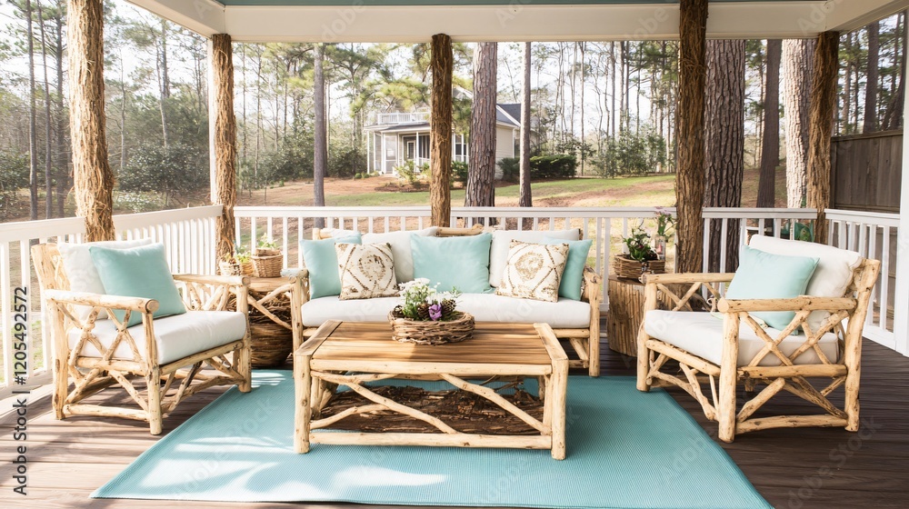 Fototapeta premium Rustic Porch Furniture Set Wooden Log Chairs Sofa Patio Decor