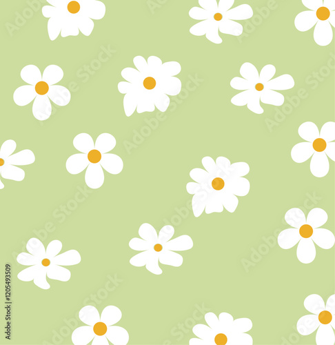 Seamless floral pattern with chamomile flowers on pastel green,daisy flowers