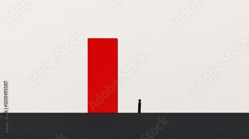 Vertical red bar contrasted with a small figure on a flat surface creates a striking visual representation of scale and isolation in a minimalistic composition photo