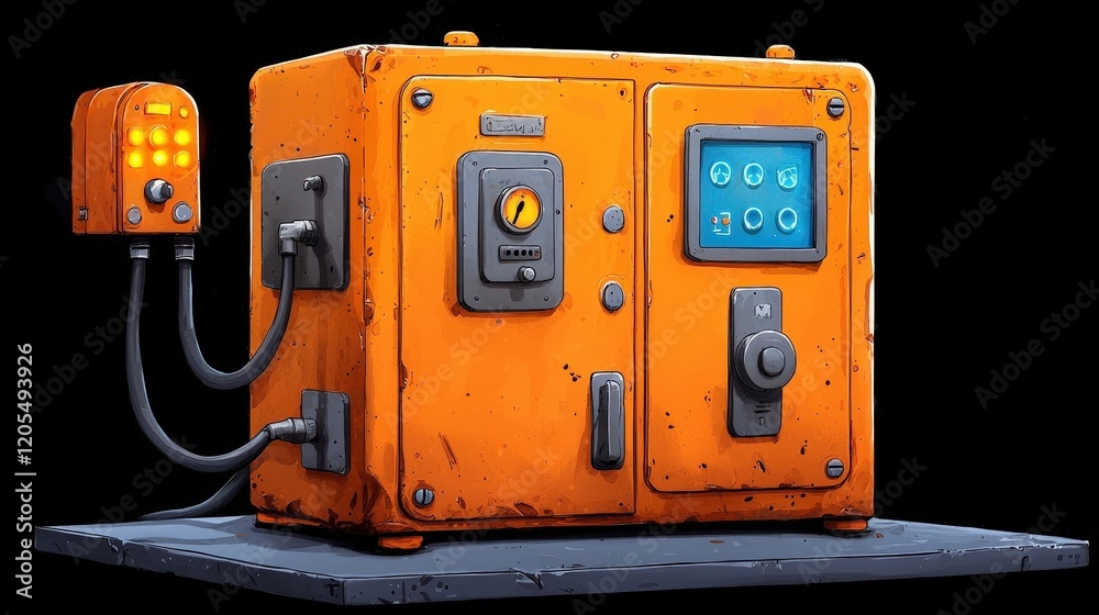 Fototapeta premium Orange Control Box with Buttons and Indicators on a Black Background in Stylized Design