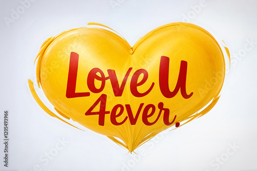 A large yellow heart painted with the text ''Love U 4ever'' written in red on a light grey background - Valentine's Day theme