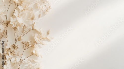Elegant minimalist wedding invitation with ivory dried flowers and soft light creating a beautiful texture