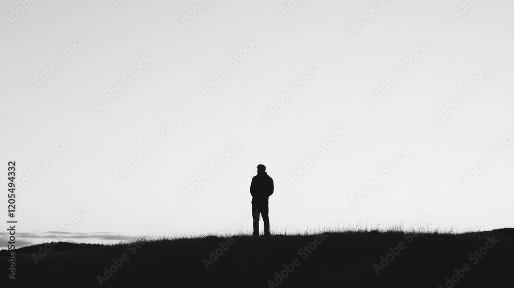 Solitary figure silhouetted against a pale sky on a grassy hill. Solitary figure silhouetted against a pale sky on a grassy hill.