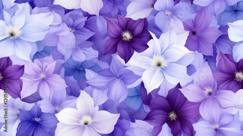 Clematis Blossom Tapestry, vibrant shades of purple and lavender intertwining in a detailed, harmonious floral design for textiles and decor