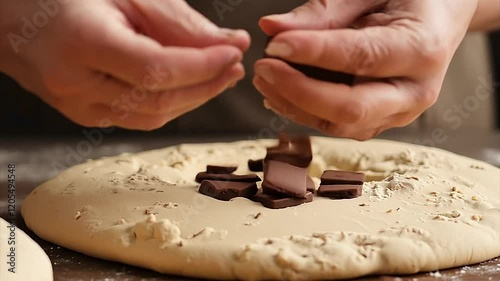 Super slow motion close up of artisan baker adding chocolate pieces to dough while preparing homemade Italian panetton on rustic wooden table in bakery kitchen photo