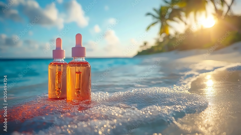 Two bottles of perfume are on the beach Two bottles of perfume are on the beach