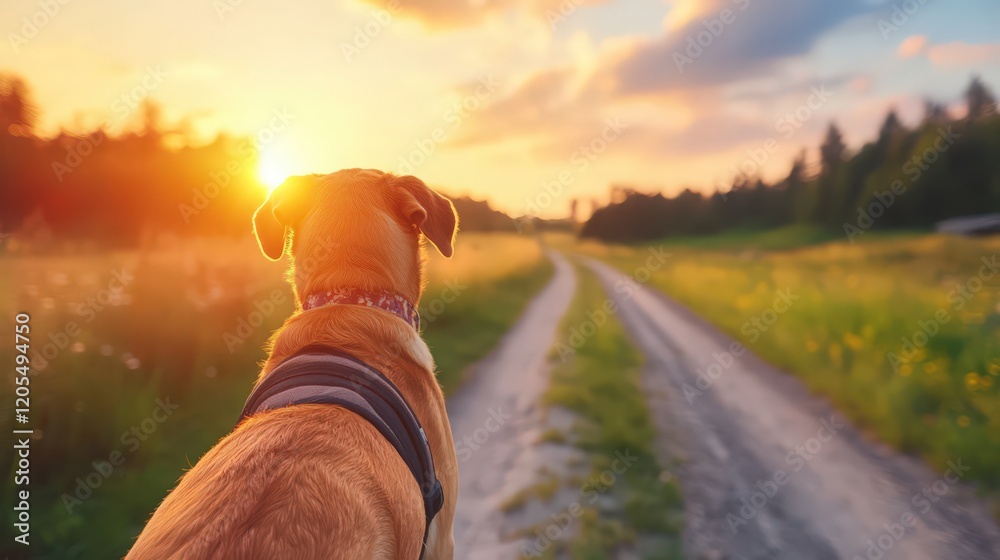 A dog is looking at the sun as it sets