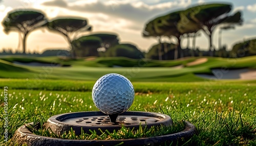 Golf ball on tee scenic golf course sports photography natural landscape close-up view outdoor recreation experience photo