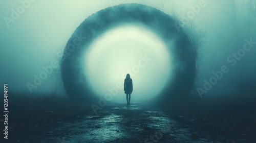 At twilight, a solitary figure stands before an enigmatic portal, surrounded by a foggy landscape that invites deep exploration of the mystery of existence photo