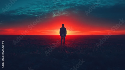 Exploring existence and purpose in a vast landscape during a vibrant sunset while reflecting on the meaning of life and our place in the universe
