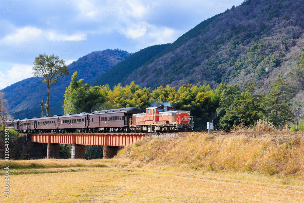 山口線を走る正月仕様のDD51 長門峡 山口県山口市 New Year spec DD51 running on the Yamaguchi Line. Nagato Gorge. Yamaguchi Pref, Yamaguchi City. 山口線を走る正月仕様のDD51 長門峡 山口県山口市 New Year spec DD51 running on the Yamaguchi Line. Nagato Gorge. Yamaguchi Pref, Yamaguchi City.