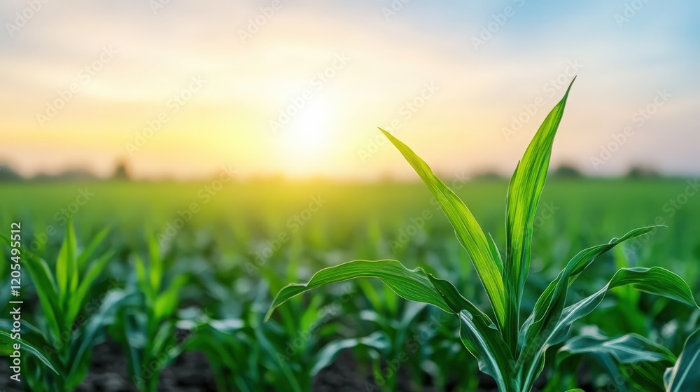 Fototapeta premium A field of green corn with a sun shining on it