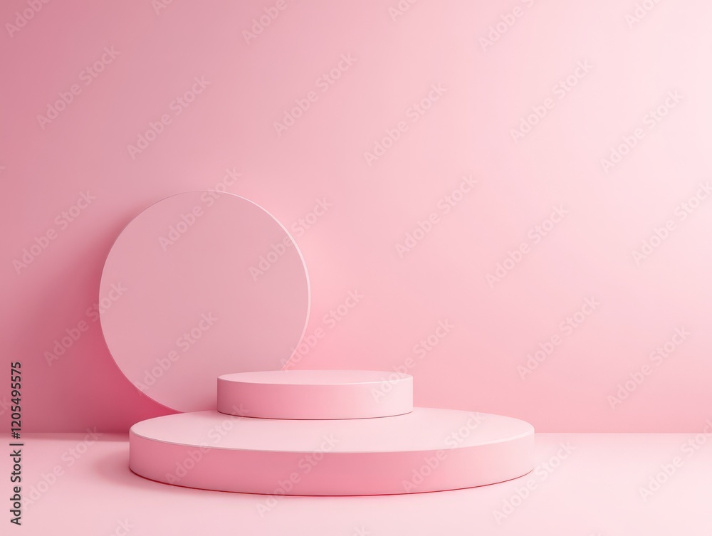 A minimalistic pink display with circular and cylindrical platforms against a matching backdrop. A minimalistic pink display with circular and cylindrical platforms against a matching backdrop.
