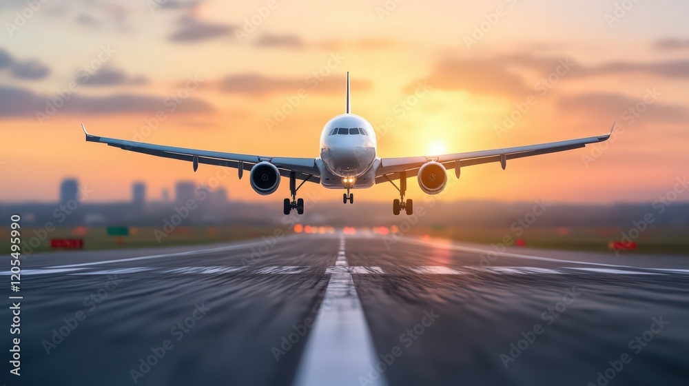 A large white airplane is taking off from an airport runway A large white airplane is taking off from an airport runway