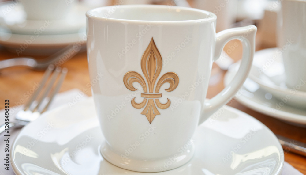 Elegant fleur-de-lis coffee cup on table setting, fine dining decor Elegant fleur-de-lis coffee cup on table setting, fine dining decor