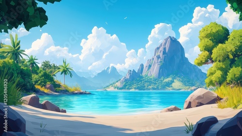 A stunning low poly cartoon depiction of a tropical paradise showcases vibrant mountains, crystal-clear blue waters, and lush greenery under the radiant sun